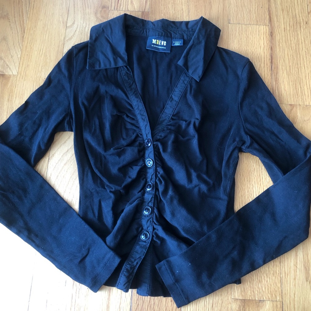 Anthropologie maeve Black Button-Front Ruched Long-Sleeve Top